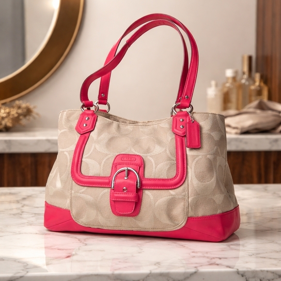 Coach Handbags - New Coach Abbey Signature Carryall shoulder bag Khaki and Pomegranate Pink